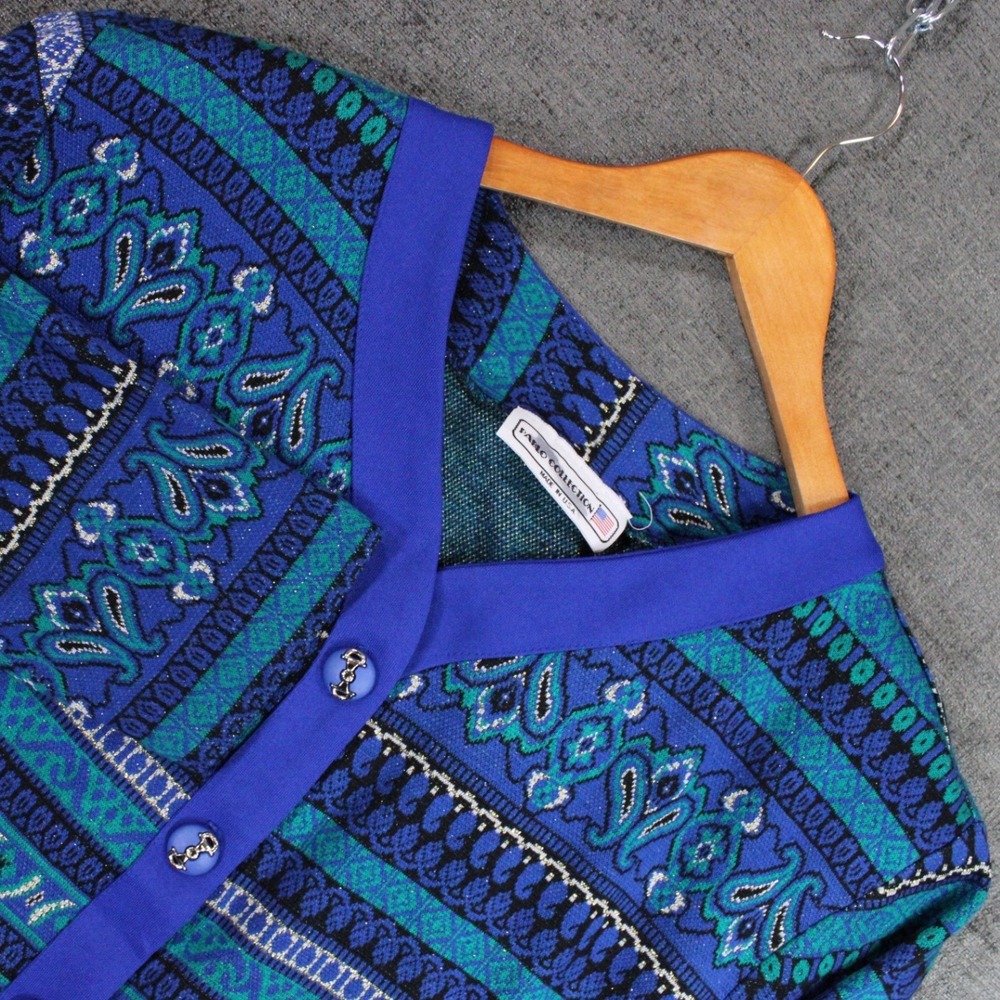 Vintage Pablo Collection Blue Teal Paisley Knit Cardigan Jacket Metallic 18W